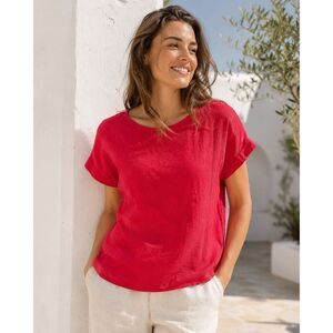 Blue Illusion Red French Linen Mixed Media Top Size S Short Sleeve
